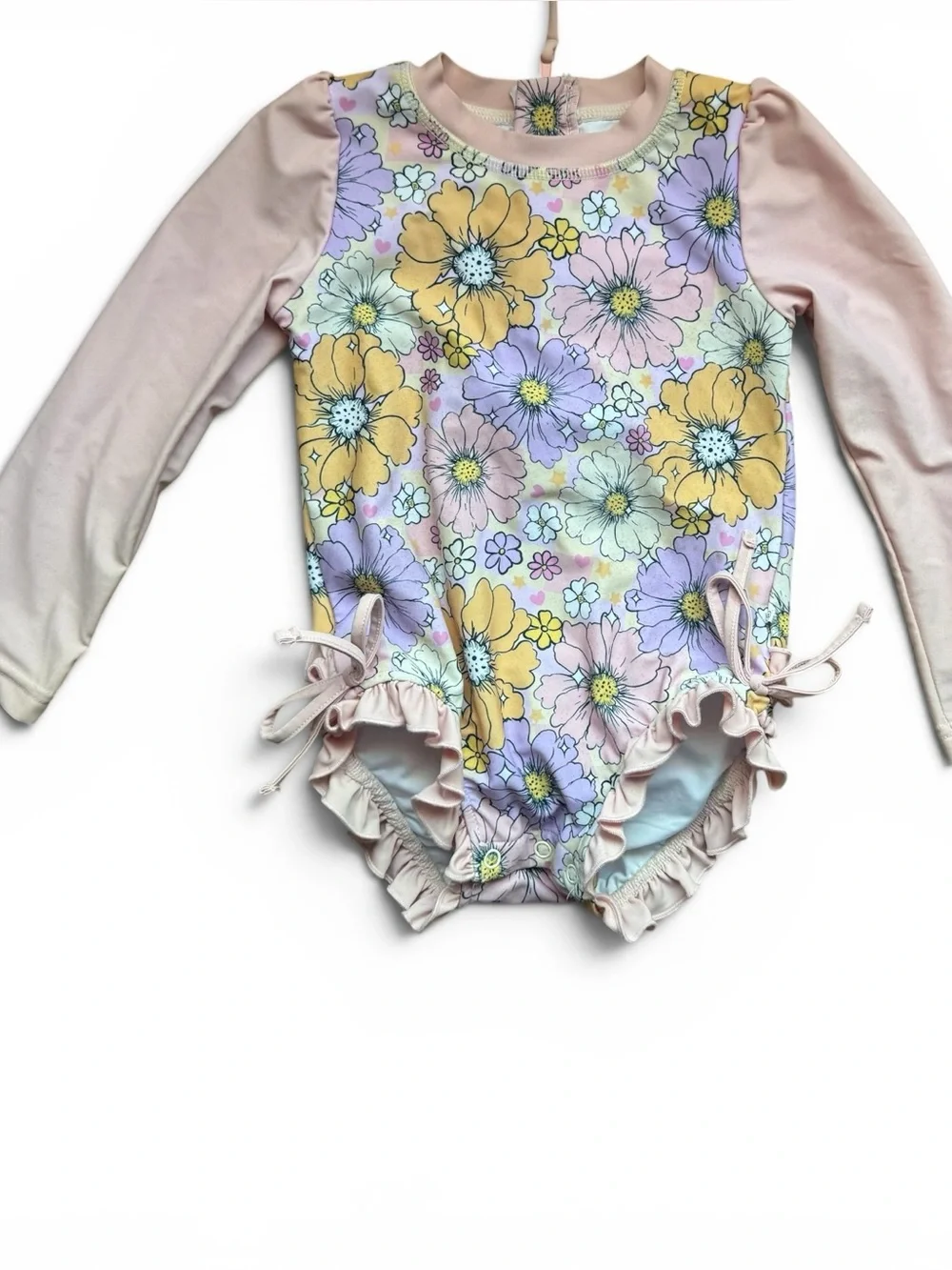 Caden Lane Floral Long Sleeve Ruffle One Piece Swimsuit Rash Guard 3Т Toddler